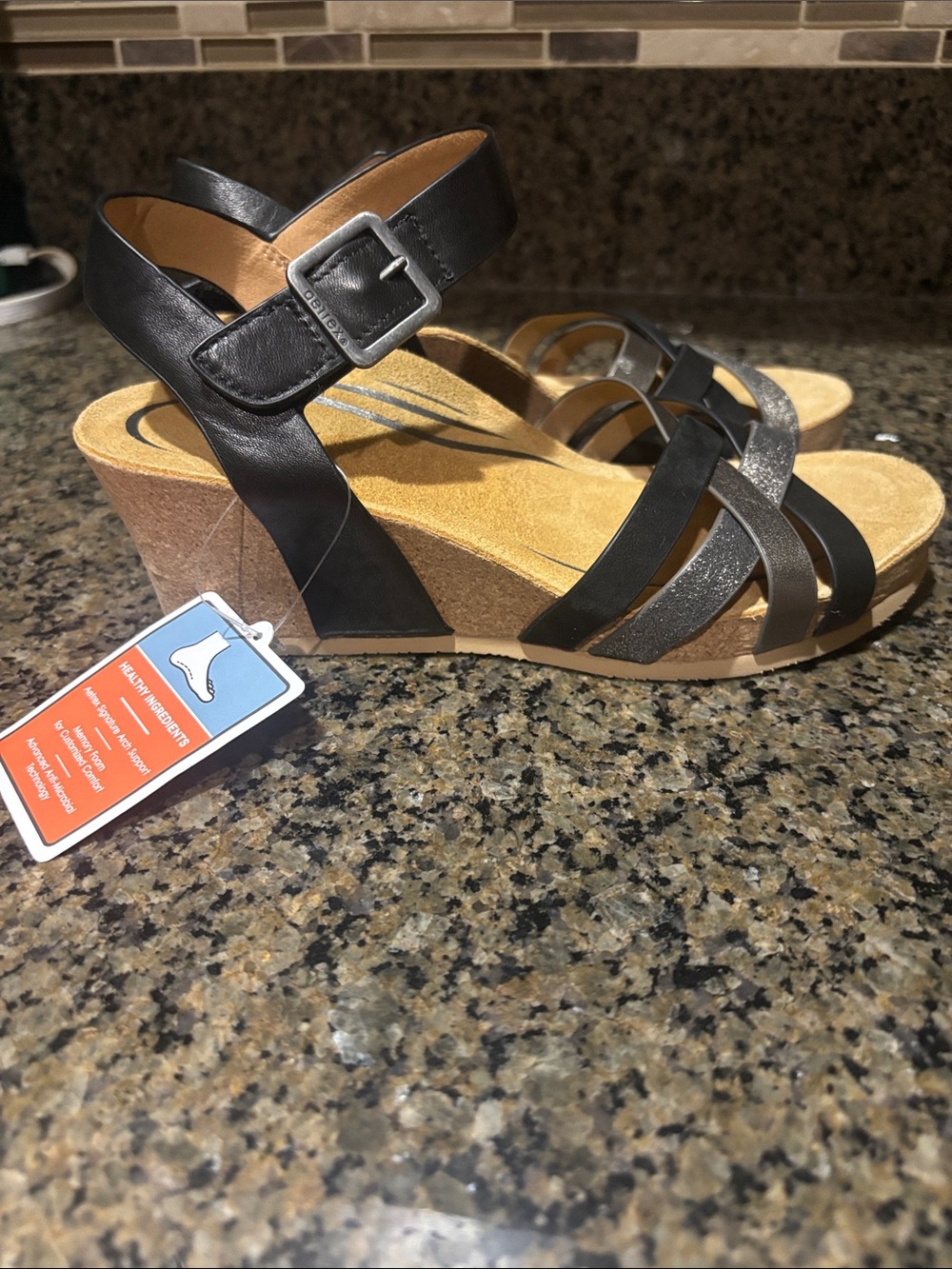 Aetrex Black and Metallic Gray Strappy Wedge Sandals